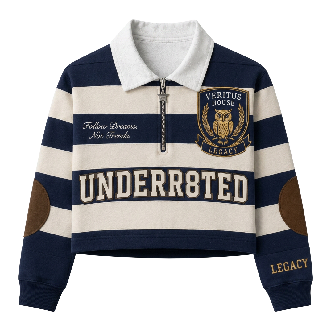 UNDR8D cropped rugby shirt in navy and cream stripes with the Veritus House crest