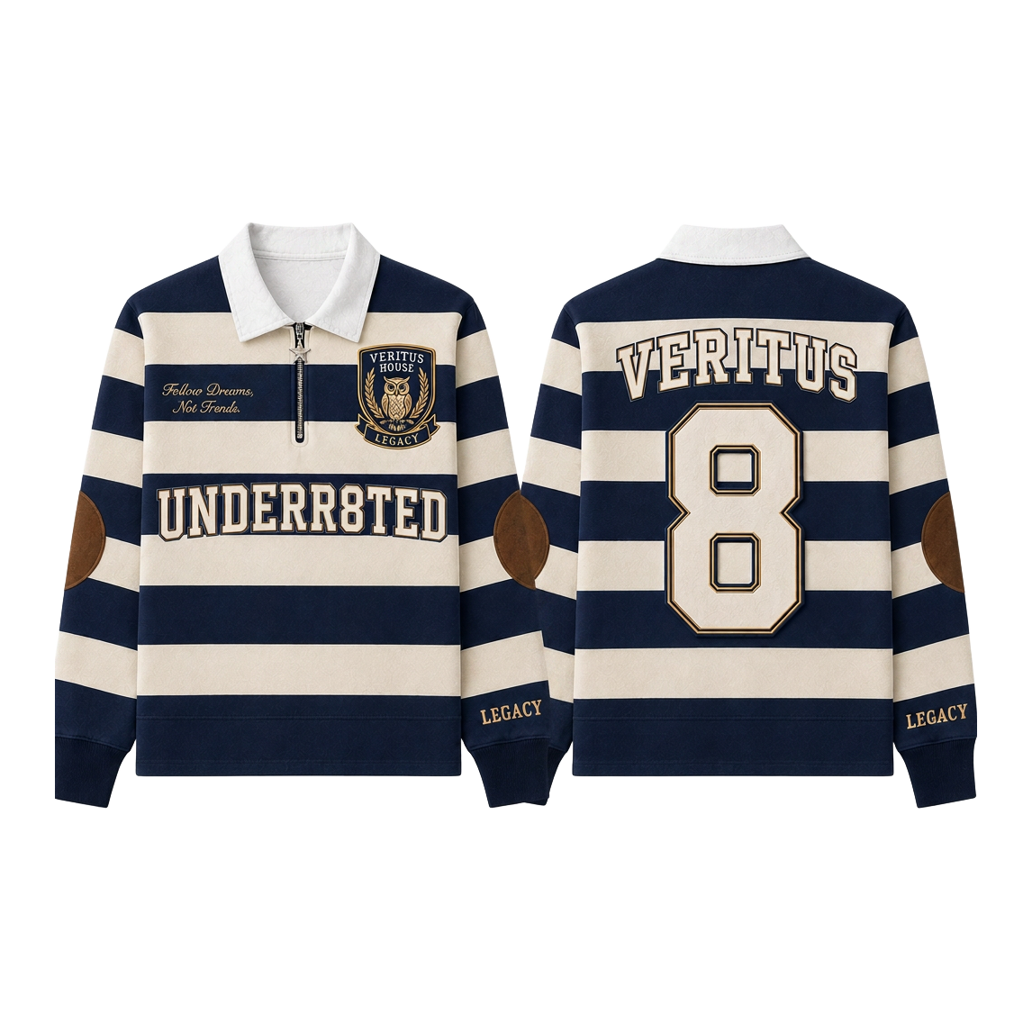 Navy and cream UNDR8D Veritus rugby shirt, front and back