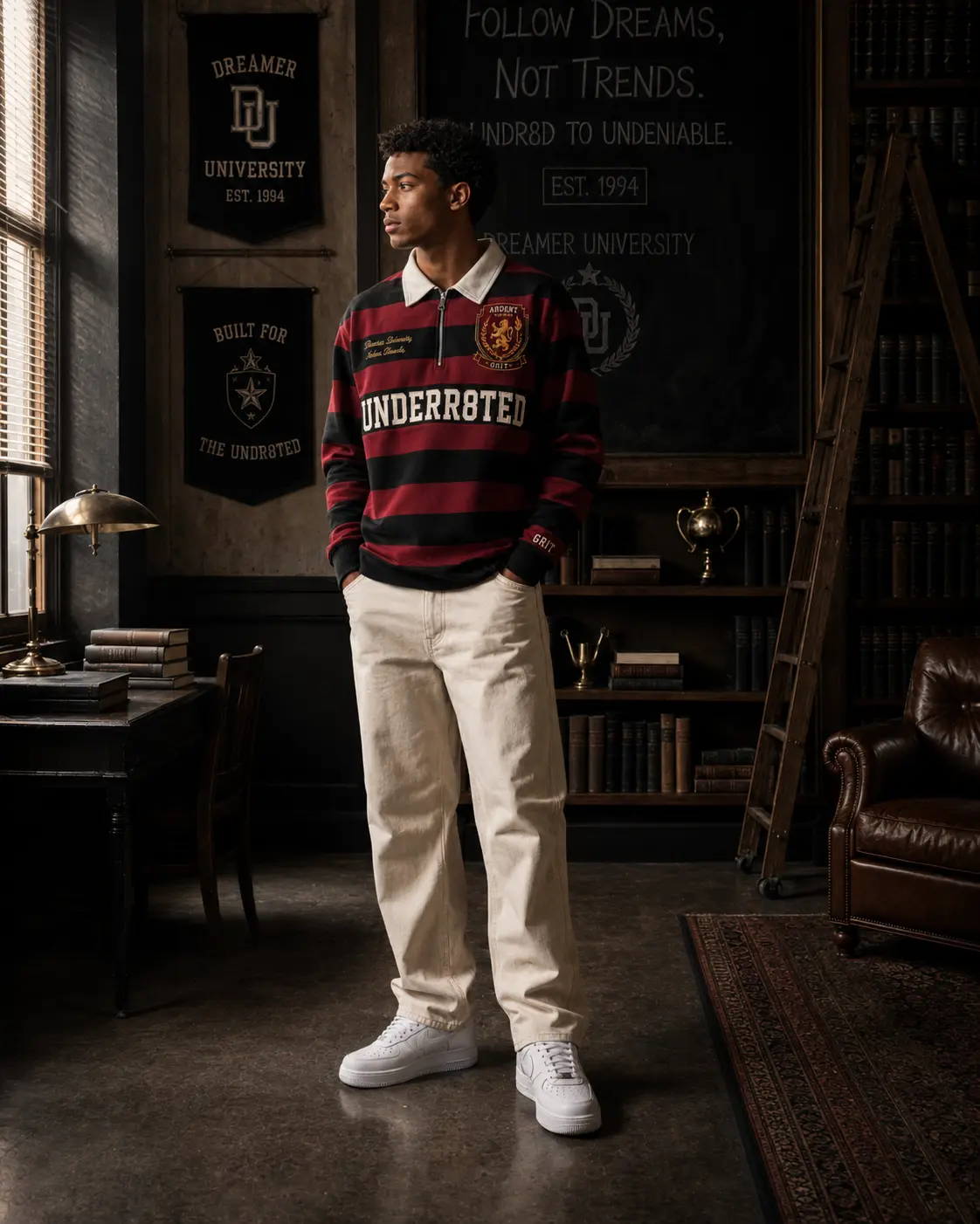 A student in a crimson and black Ardent rugby shirt in the campus study room
