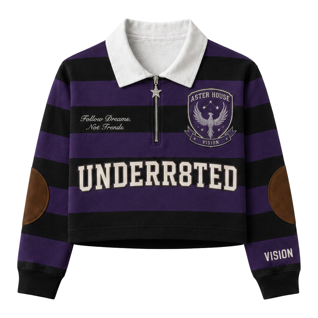 UNDR8D cropped rugby shirt in purple and black stripes with the Aster House crest