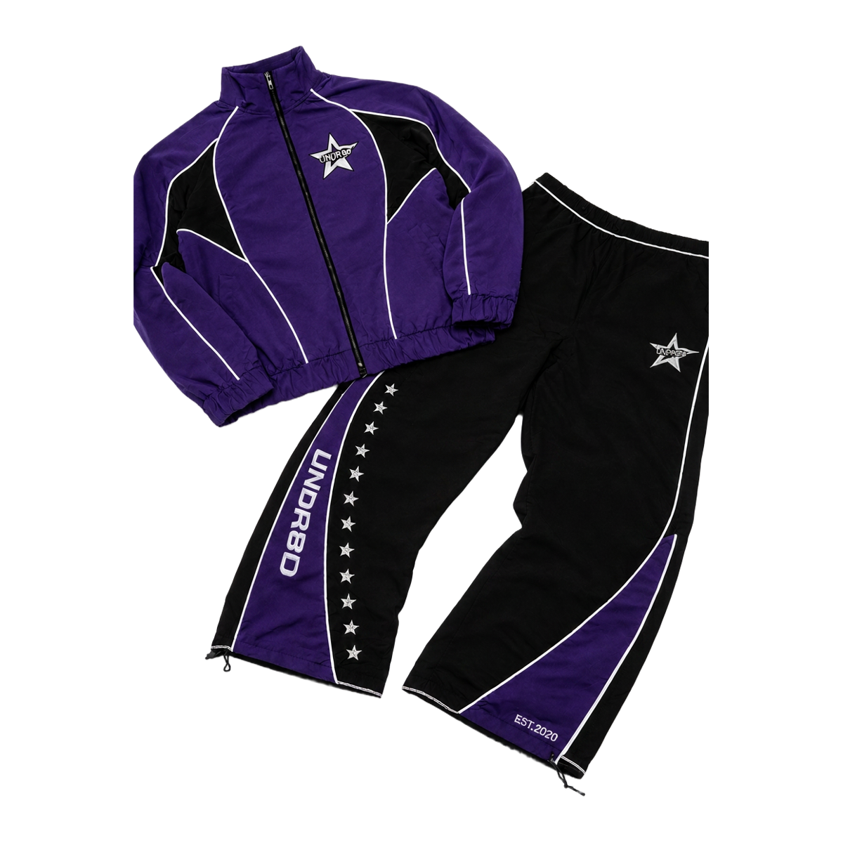 Purple and black UNDR8D Aster tracksuit, jacket and trousers