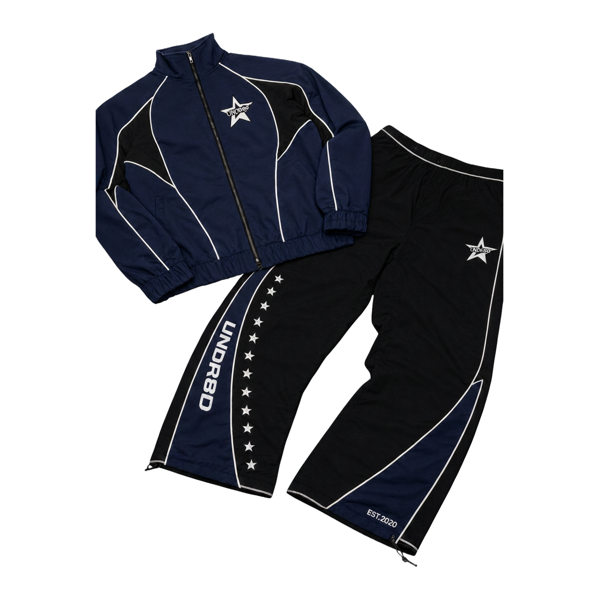 Blue and black UNDR8D Veritus tracksuit, jacket and trousers