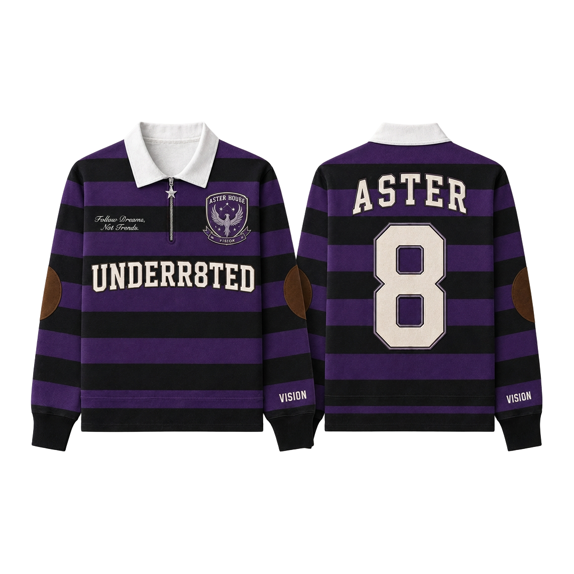 Purple and black UNDR8D Aster rugby shirt, front and back