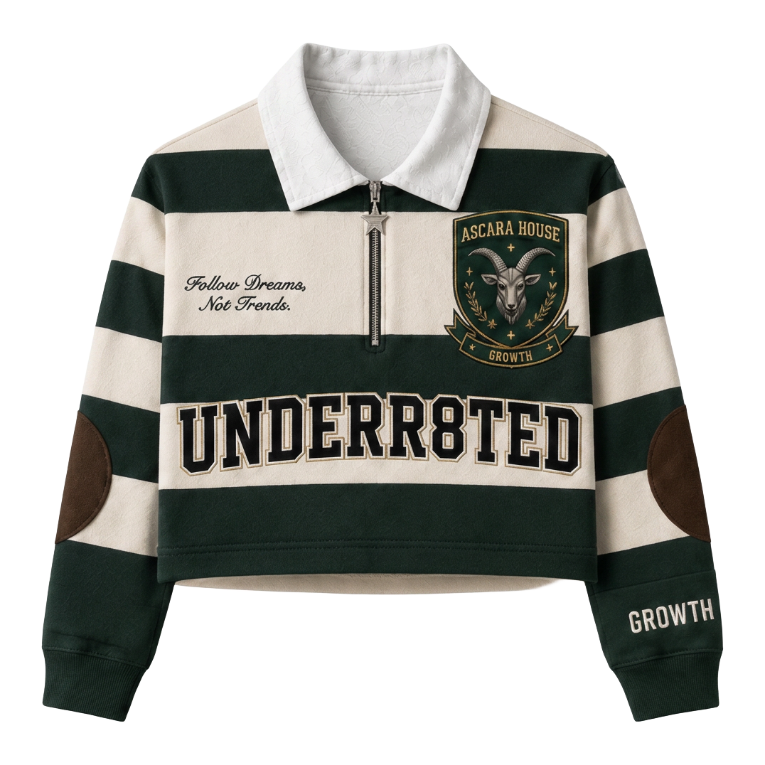 UNDR8D cropped rugby shirt in green and cream stripes with the Ascara House crest