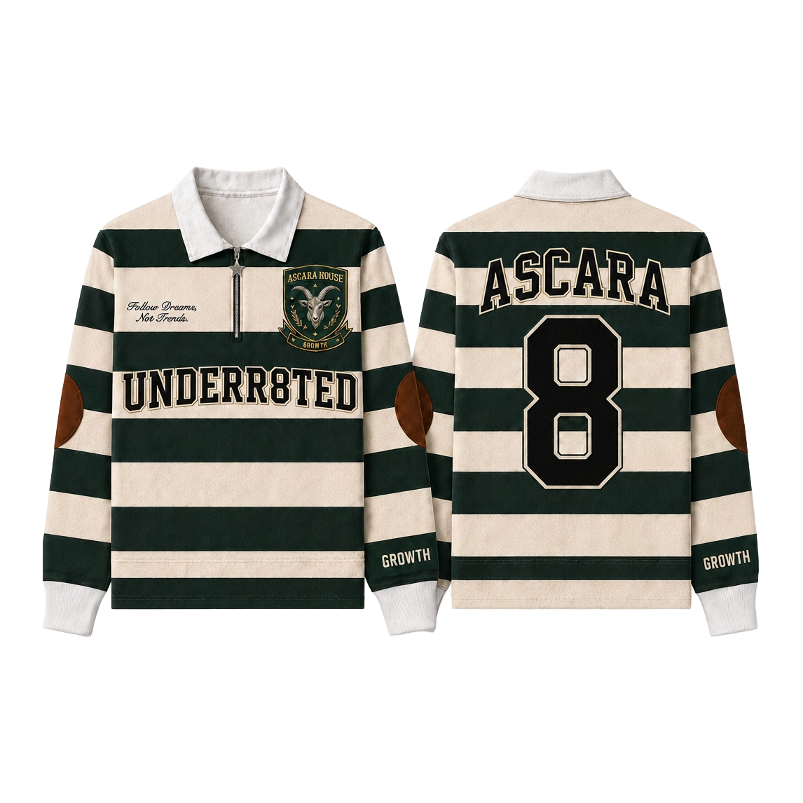 Green and cream UNDR8D Ascara rugby shirt, front and back