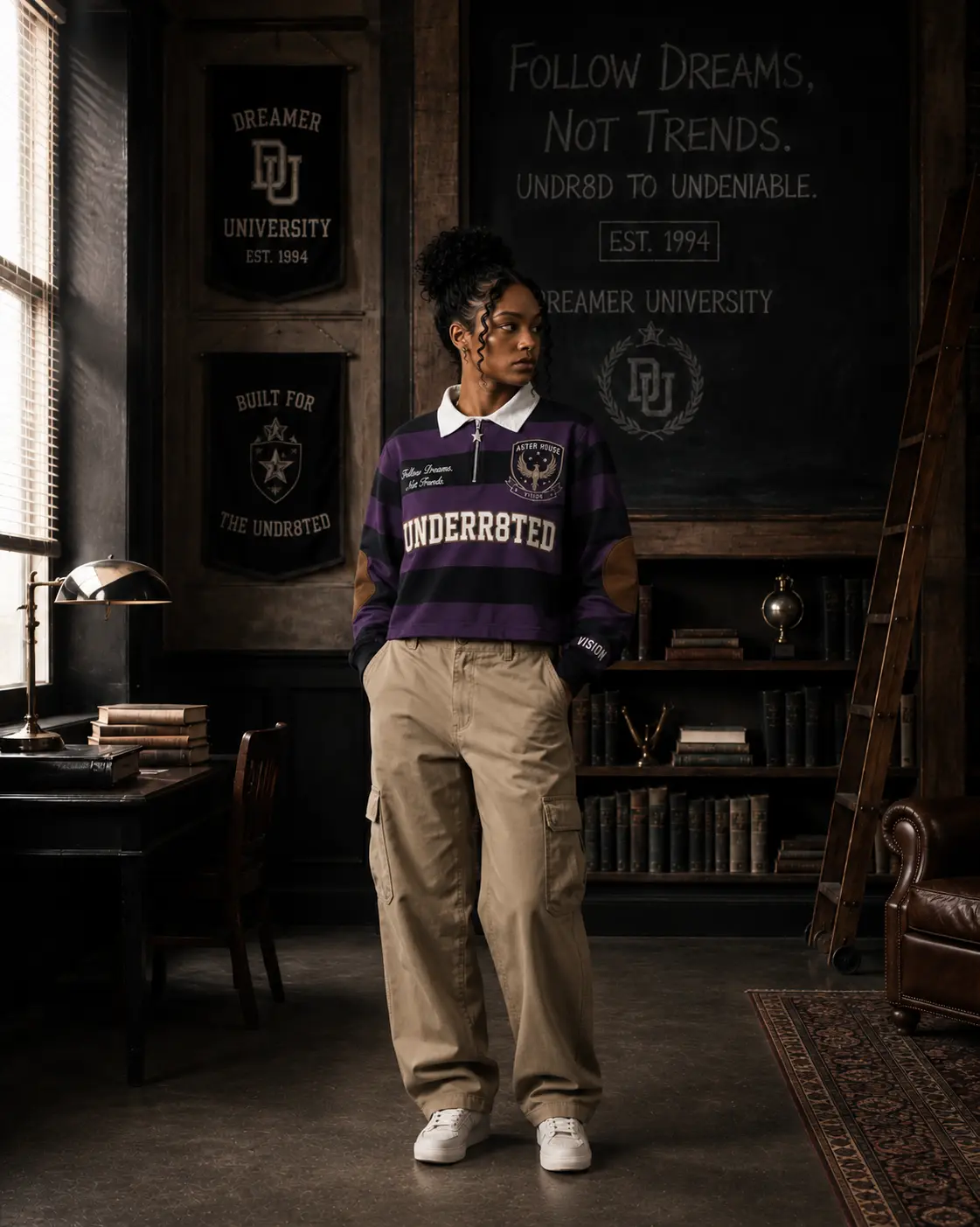 A student in a purple Aster rugby shirt standing in a chalkboard study room