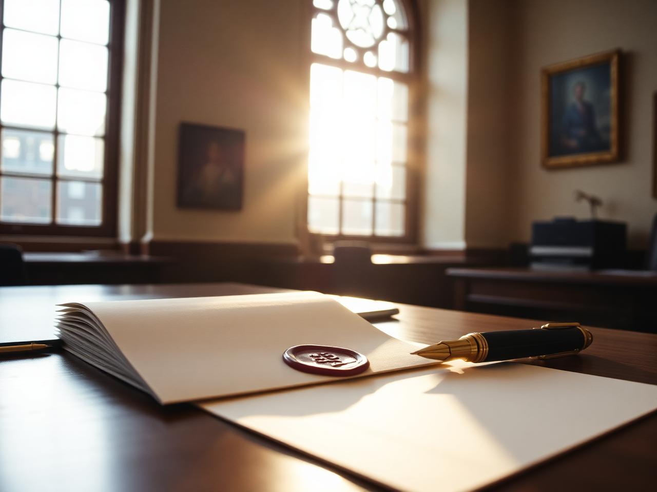 Acceptance letters stacked on a wooden admissions desk beside a red wax seal and gold fountain pen, sunlight through a tall arched window