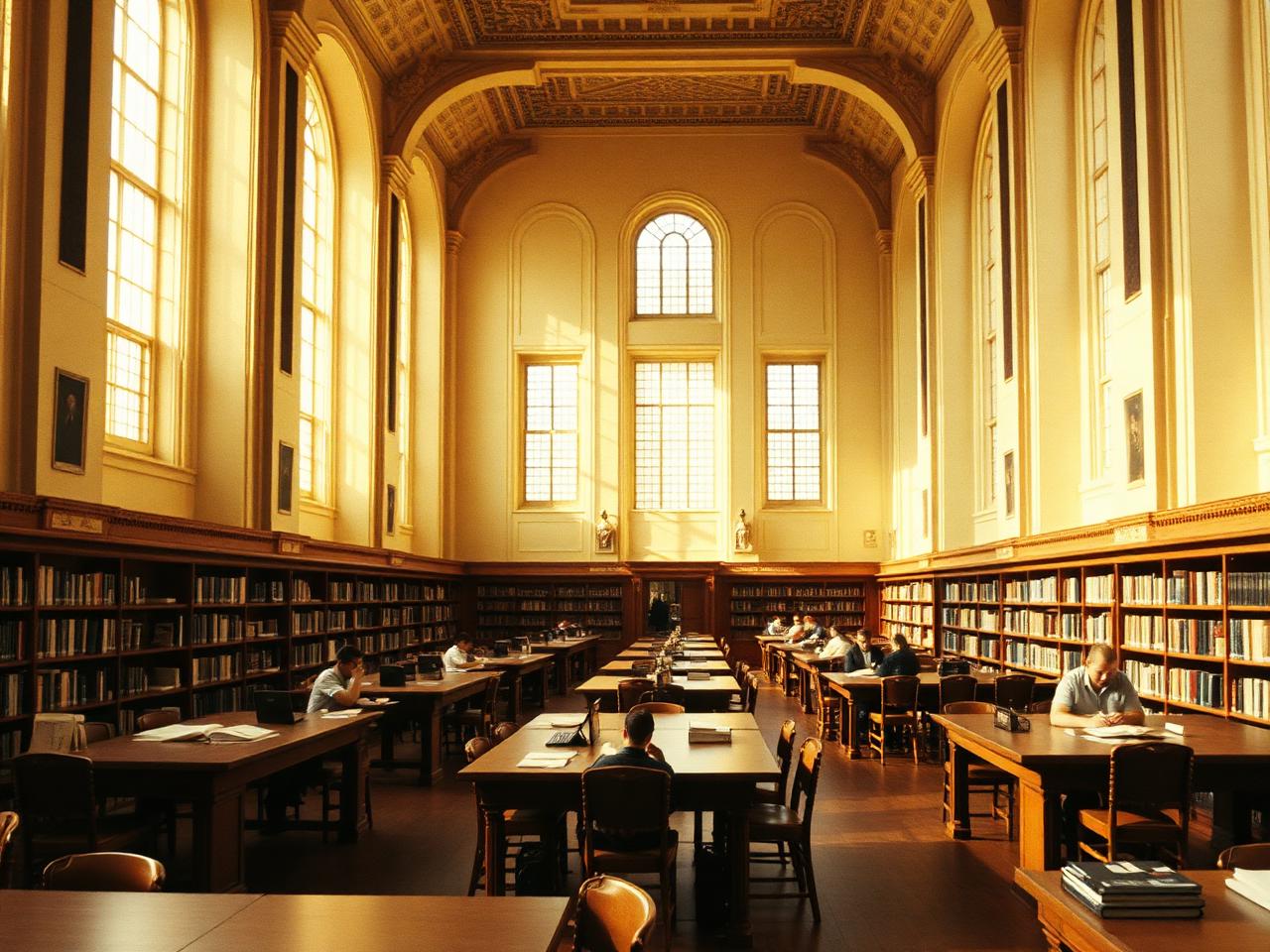 Long wooden reading tables in the Dreamer University library filled with soft morning light