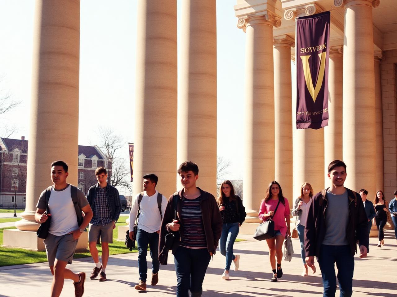 Students walking through the stone colonnade that borders the Dreamer University quad