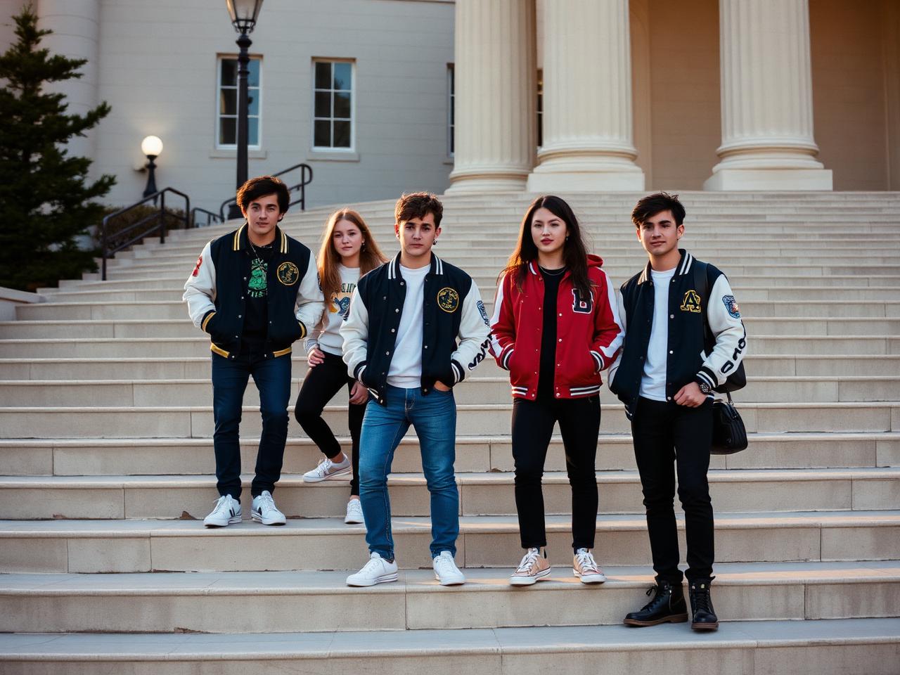 Students in varsity jackets seated on the wide stone East Steps of the university at sunset
