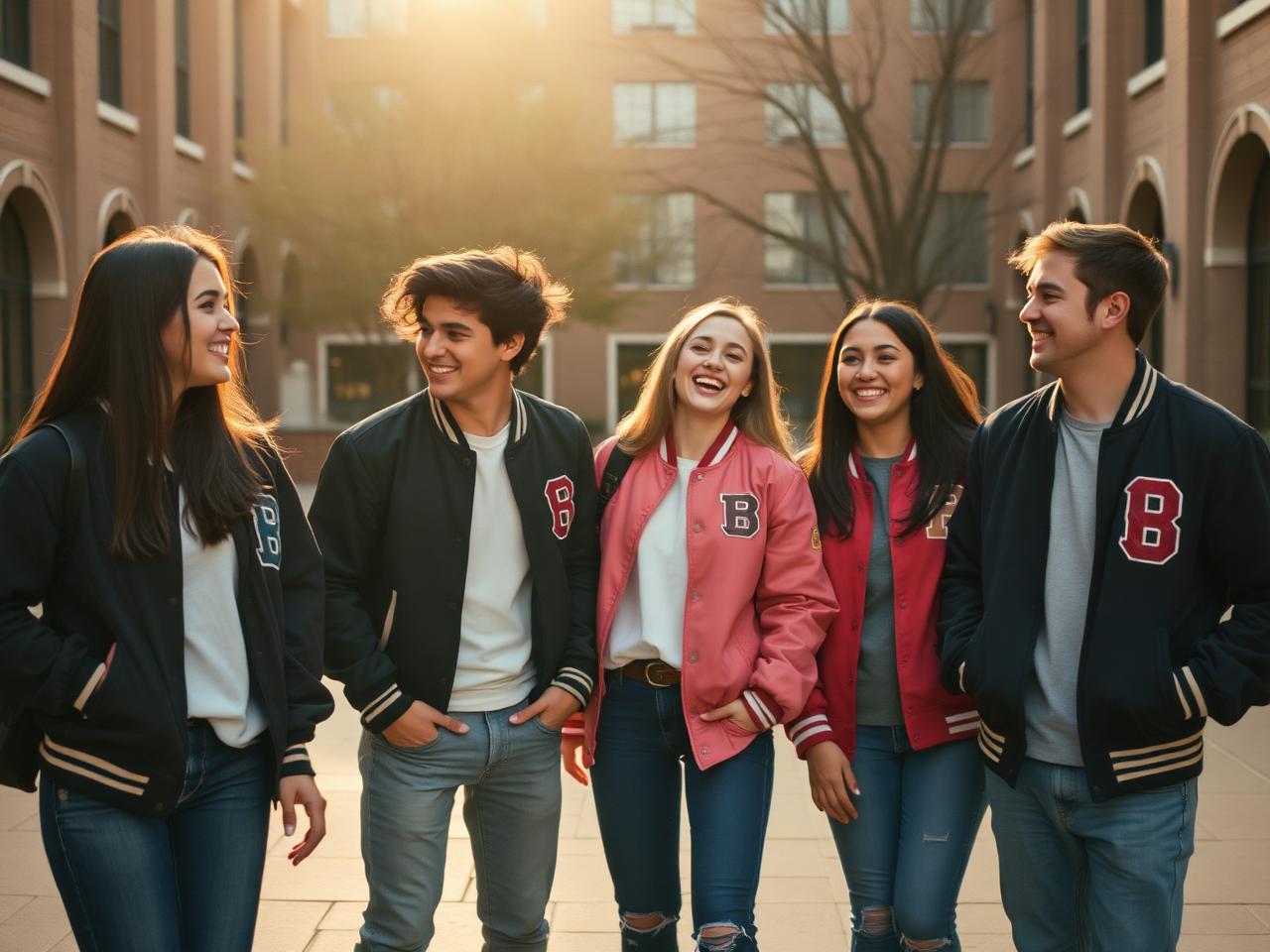 Five students in varsity jackets laughing together in a brick campus courtyard at golden hour
