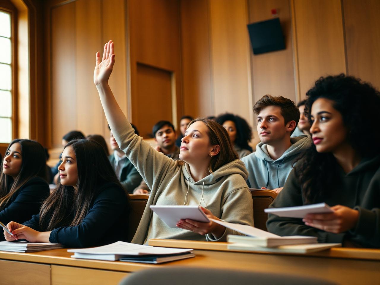 Students seated in a wood-panelled lecture hall taking notes while one raises a hand to answer
