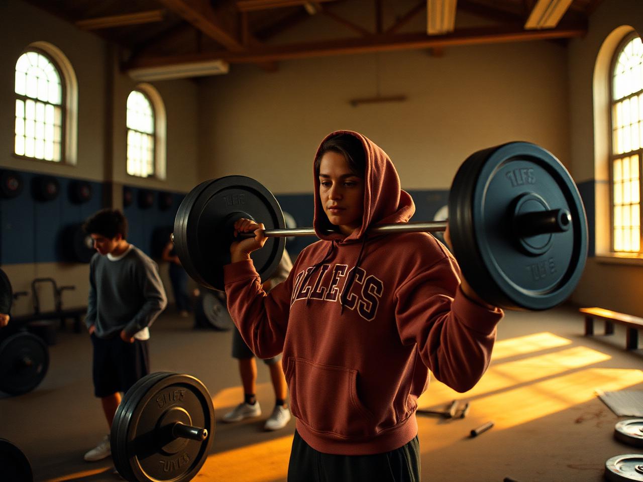 A student in a collegiate hoodie lifting a barbell in an old university gymnasium while others train behind them