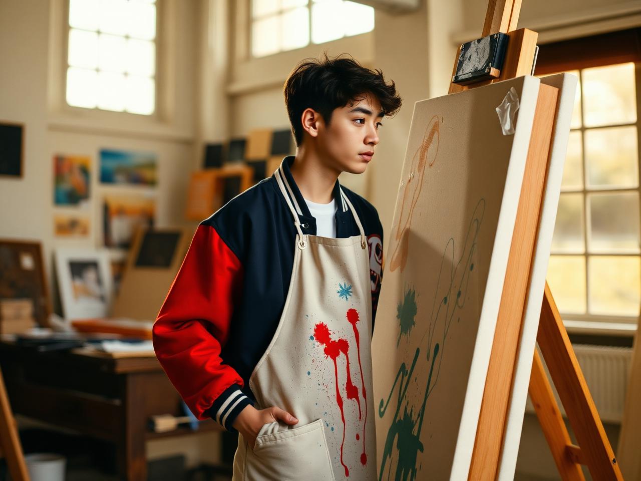A student in a varsity jacket and paint-splattered apron working on a large canvas in a sunlit studio