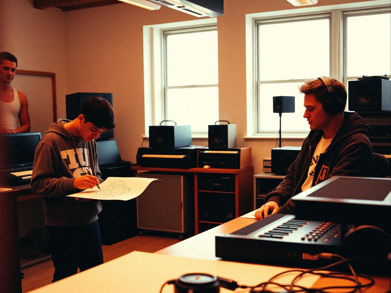 Two students in a campus studio, one sketching garment patterns and one producing music at a mixing desk