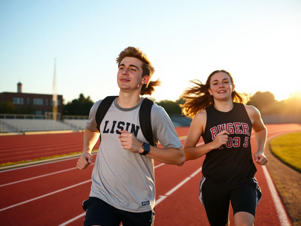 Two students running side by side on a university track at sunrise